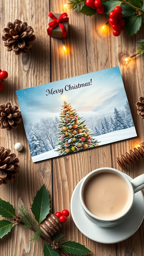 A festive Christmas card with a snowy scene and a decorated tree on a wooden table with holiday decorations.